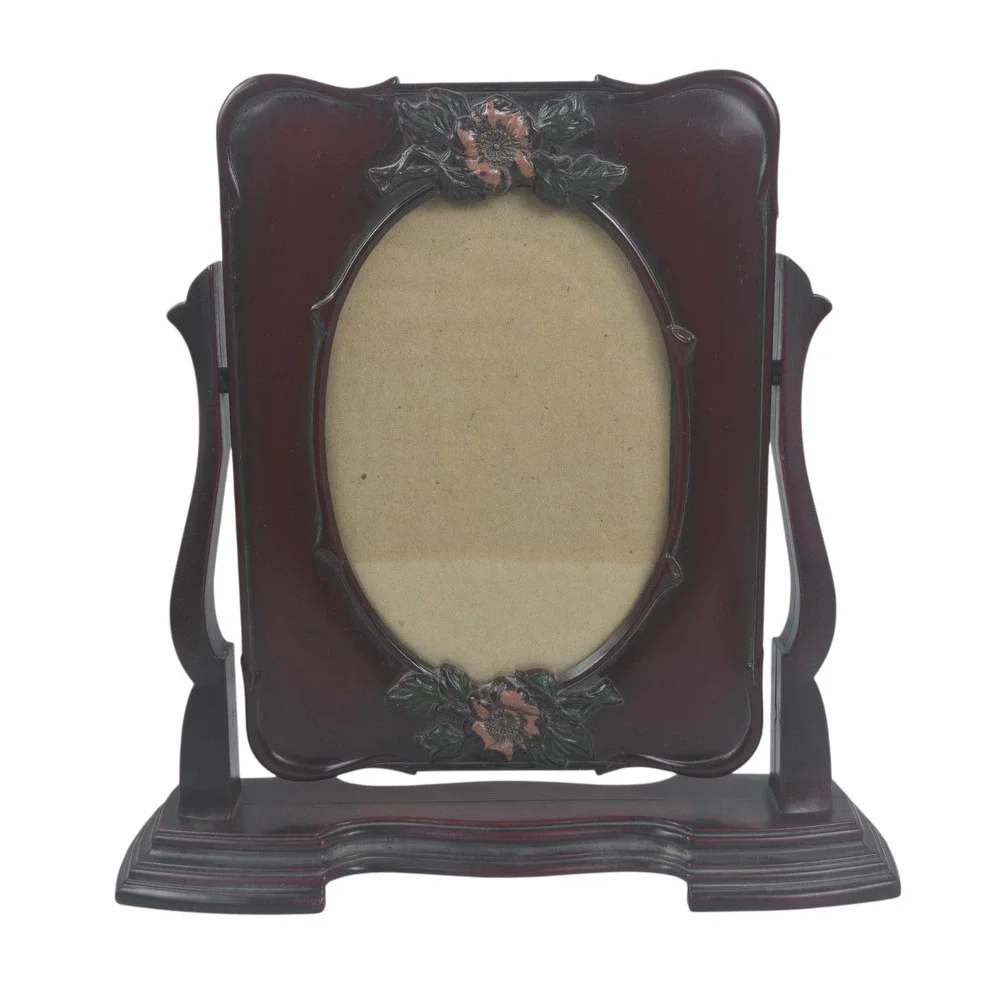Vtg Victorian Swivel Picture Frame Floral Oval Pedestal Mahogany Tone 10